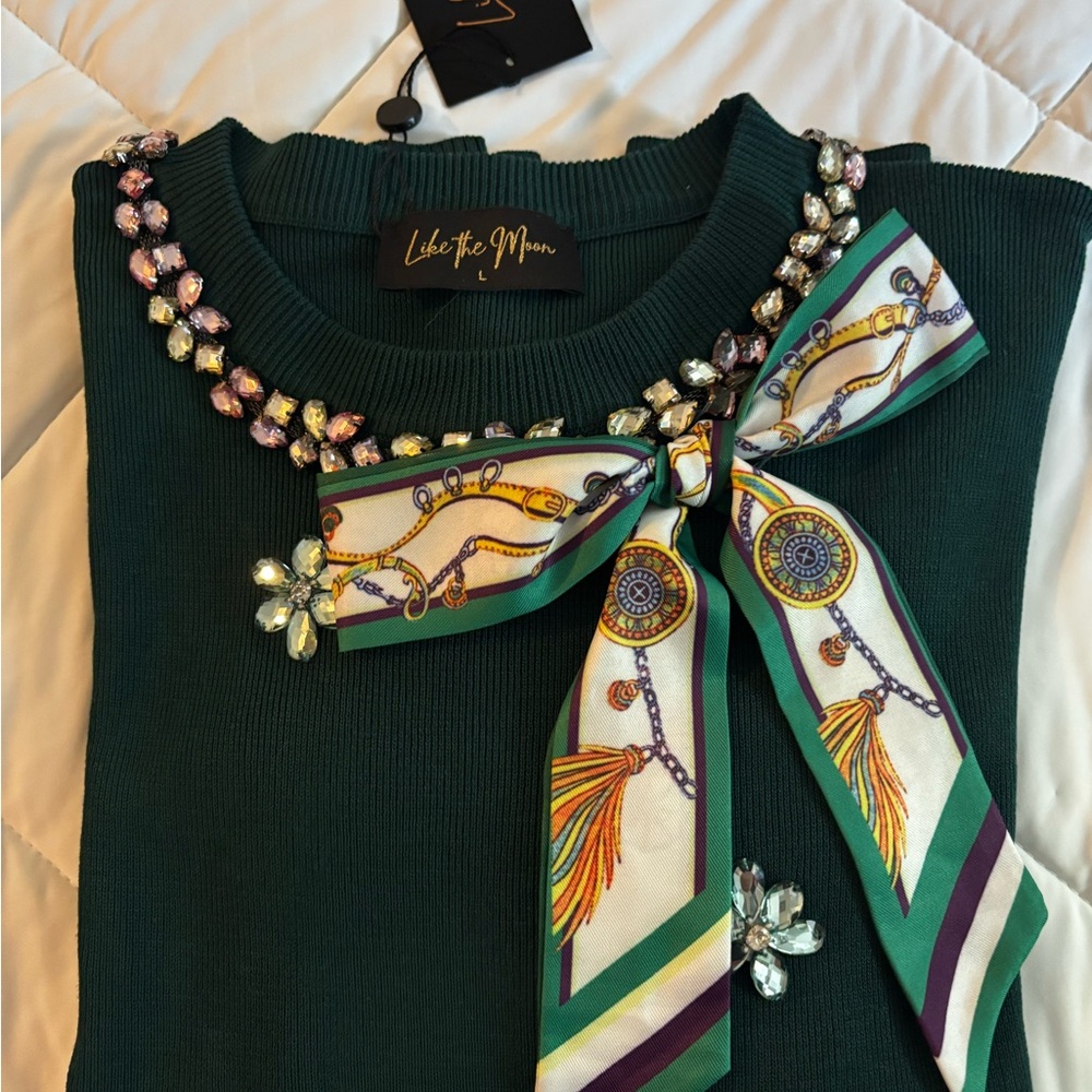 Green Sweater with Jewel Embellishments
